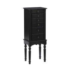 a black jewelry cabinet with five drawers and three legs on one side, the bottom drawer is open