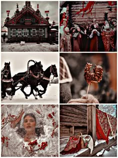 four different pictures with people in sleighs and horses