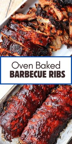 oven baked barbecue ribs with bbq sauce on top and in the bottom right corner