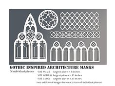 an image of gothic inspired architecture masks with the text, gothic inspired architecture masks 5 individual pieces