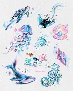 an artistic drawing of sea animals and fish