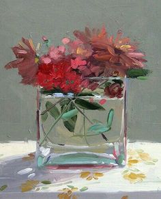 a painting of flowers in a vase on a table