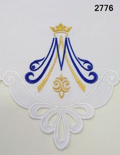 a white and blue design with gold trimmings on the side of a piece of paper