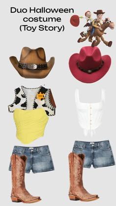 four different outfits with cowboy hats on them