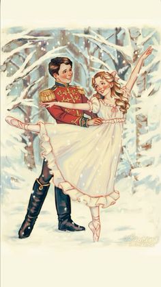 a man and woman dressed as nutcrackers are dancing in the snow with their arms around each other