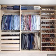 an organized closet with clothes and shoes