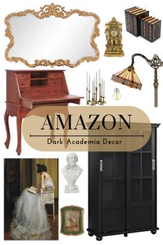 an assortment of furniture and decor with the words amazon dark academy decor on it's bottom corner