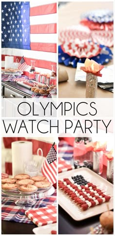 olympic watch party with american flags, cookies and desserts on the table in red white and blue colors