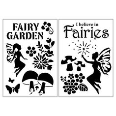 two black and white silhouettes of fairy garden cards with flowers, butterflies, and lady holding an umbrella