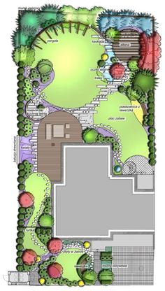 a drawing of a garden with lots of trees and plants in it, including grass