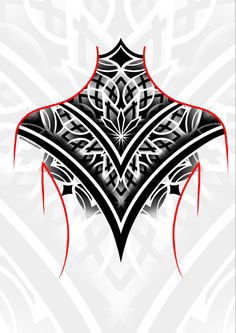 a black and white design with red accents on it's back side, in the shape of a bat