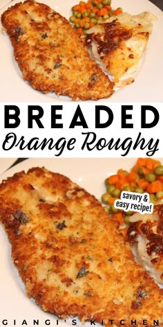 two pictures of breaded orange rostify with peas and carrots on the side