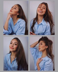 four pictures of a woman smiling and holding her hand on her head, with different expressions