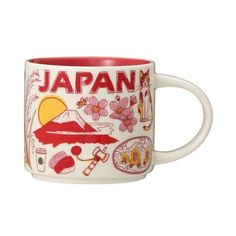 a white and red coffee mug with the words japan on it