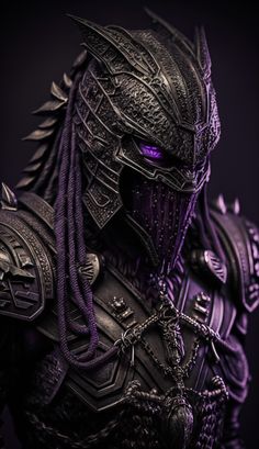 an alien predator with purple eyes and black armor