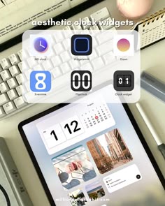 an image of a tablet with icons on the screen and text below it that reads aesthetic clock widgets