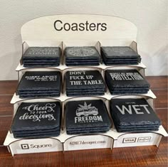 "These natural slate coasters are simple, elegant, and unique due to their chiseled edges. They are perfect for protecting special countertops and tables from water rings caused by wine glasses, mason jars, and other beverages. The slate coaster set can be engraved with a family name and initial, making it a thoughtful and personalized gift for housewarmings, weddings, and other special occasions. For restaurant and bar owners as well as any person or business, our engraved slate coasters can fe Engraved Coaster Ideas, Slate Engraving Ideas, Engraved Slate Coasters, Slate Coasters Ideas, Laser Coasters, Laser Cut Projects Ideas, Glowforge Crafts