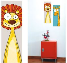 two cartoon animals are on the wall next to a red cabinet and an orange cabinet