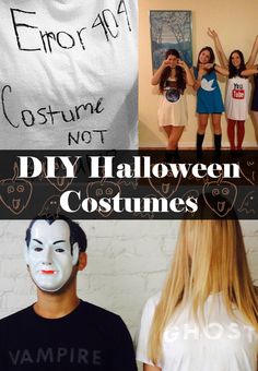 some people are wearing costumes and one is holding up a sign that says diy halloween costumes