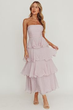 Shop the Giavana Strapless Layered Ruffles Midi Dress Lilac | Selfie Leslie Luxury Feminine Tiered Dress With Ruffles, Luxury Tiered Ruffle Dress For Spring, Luxury Summer Ruffle Dress For Formal Occasions, Luxury Ruffle Dress With Ruffled Skirt And Straps, Luxury Sleeveless Tiered Dress With Ruffles, Luxury Ruffled Tiered Dress For Garden Party, Luxury Sleeveless Ruffle Dress For Party, Luxury Tiered Ruffle Dress For Garden Party, Luxury Sleeveless Tiered Party Dress