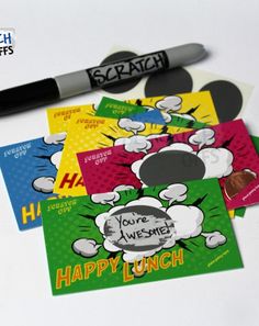 some happy lunch cards are next to a marker