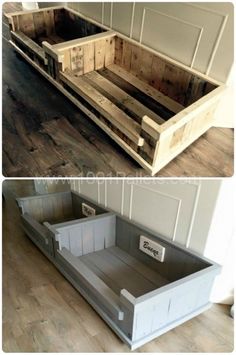 two pictures of different types of wooden pallets and one with metal trays on it