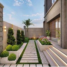 an outdoor garden with grass and plants on the ground, surrounded by stone steps that lead up to two balconies