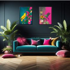 a living room with blue couches and colorful paintings on the wall above them, along with potted plants