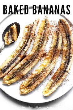 baked bananas on a white plate with cinnamon sprinkled around them and the words baked bananas above it