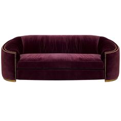 a purple velvet couch with gold trimmings on the arms and back, against a white background