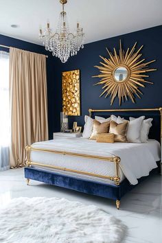 a bedroom with blue walls and gold accents