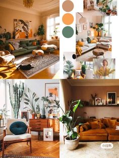 a collage of different rooms with plants and couches in the same room,