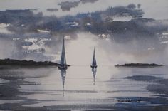 two sailboats floating in the water on a cloudy day