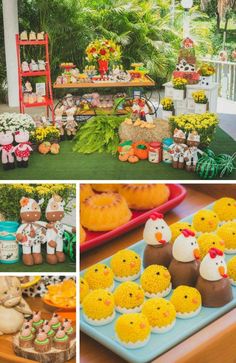 an assortment of desserts and treats on display at a farm themed birthday party or baby shower