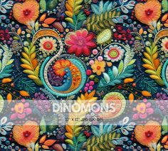 an image of a colorful painting with flowers and leaves on it's sides, including the word dinooniss