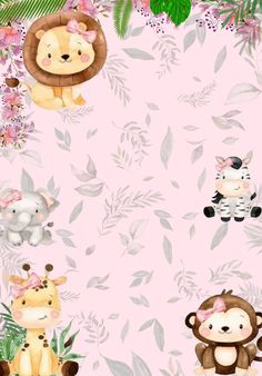 an animal themed wallpaper with pink flowers and leaves on the bottom right hand corner