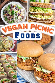 the cover of vegan picnic foods with pictures of sandwiches, salads and desserts