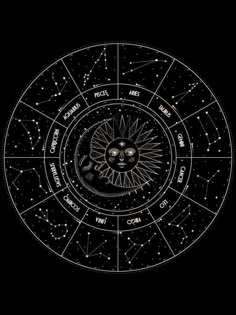 the sun, moon and stars are arranged in a circle with zodiac signs on it