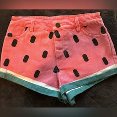 Size Xs Lazy Oaf Watermelon Shorts. Never Worn. Cute Pink Spring Bottoms, Fun Vacation Shorts, High-waisted Pink Jean Shorts For Summer, High Waist Pink Jean Shorts For Summer, Fitted Summer Jean Shorts, Casual Pink Bottoms With Strawberry Print, Pink Jean Shorts For Summer, Casual High Waist Pink Shorts, Fun Short Bottoms For Vacation