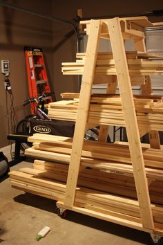 a ladder made out of wooden planks in a garage