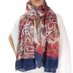 Floral blue red scarf, Elegant fashion accessory, Artisan shawl, Unique floral pattern, Luxury scarves, Mothers day gift, Gift for Her Whether you're dressing up for a special occasion or adding a touch of flair to your everyday ensemble,  this scarf effortlessly complements a variety of outfits.  Wrap it around your neck for a classic look, drape it over your shoulders for a bohemian vibe,  or tie it onto your handbag for a chic accessory  Dimension  Length 1,80 cm  Width 0,85 cm.  Composition Red Bohemian Shawl With Floral Print, Traditional Red Floral Print Shawl, Traditional Red Shawl With Floral Print, Traditional Red Shawl For Summer, Red Bohemian Dupatta With Floral Print, Blue Bohemian Scarves With Floral Print, Multicolor Bohemian Shawl As A Gift, Multicolor Summer Shawl As Gift, Summer Multicolor Shawl As Gift