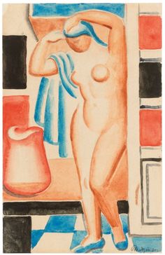 a painting of a woman standing in front of a mirror with her hand on her head