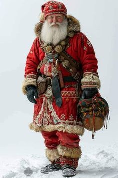 a man dressed as santa claus standing in the snow with his hands on his hips