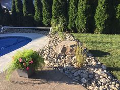 a rock garden next to a swimming pool