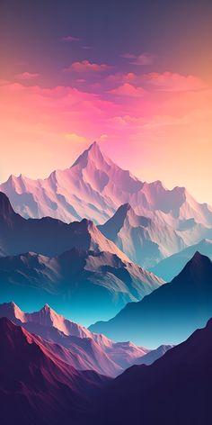 the mountains are covered in pink and blue hues