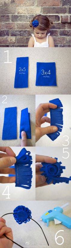 instructions for how to make an origami flower out of blue paper and fabric