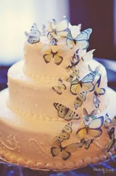 a wedding cake with butterflies on it