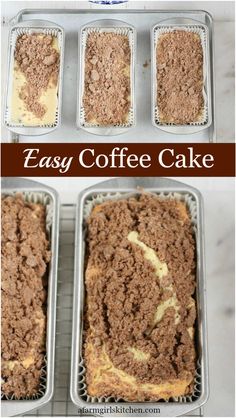 four pans filled with cake sitting on top of a counter