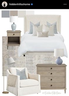 the bedroom is decorated in neutral tones and white bedding, nightstands, lamp, chair