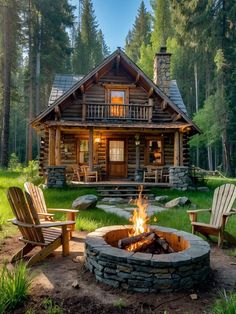 a log cabin with chairs around the fire pit